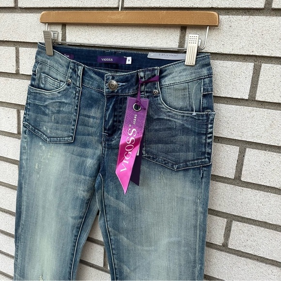 NWT Vigoss Bootcut Jeans Flap Pockets Distressed Medium Wash Y2K Size 3 - Picture 2 of 14